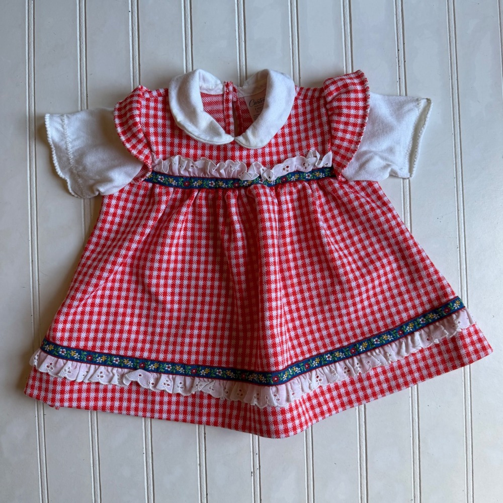 Vintage Carters Baby Girl Red Gingham Dress Peter Pan Collar Eyelet 6 Months
